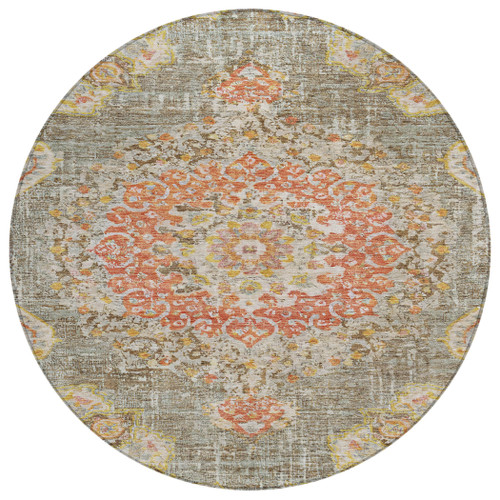 8' Brown Round Floral Medallion Washable Indoor Outdoor Area Rug
