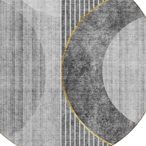 8' Charcoal Gray And Silver Round Geometric Washable Indoor Outdoor Area Rug