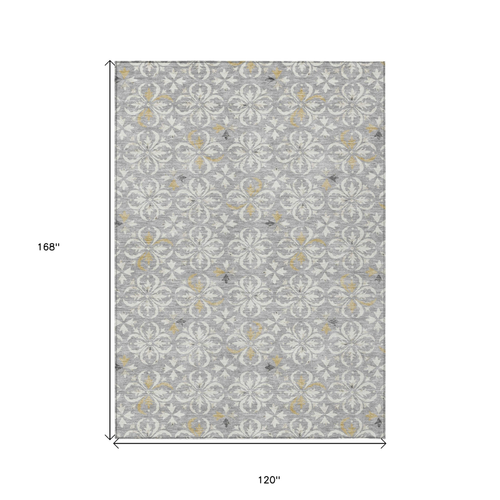 10' X 14' Gray Ivory And Brown Floral Washable Indoor Outdoor Area Rug