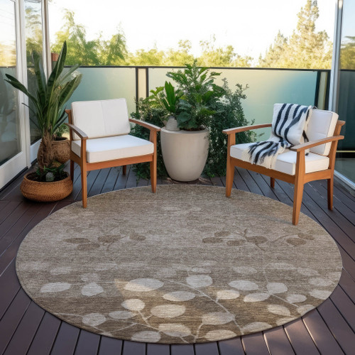 8' Taupe And Beige Round Floral Washable Indoor Outdoor Area Rug - Taupe, Beige