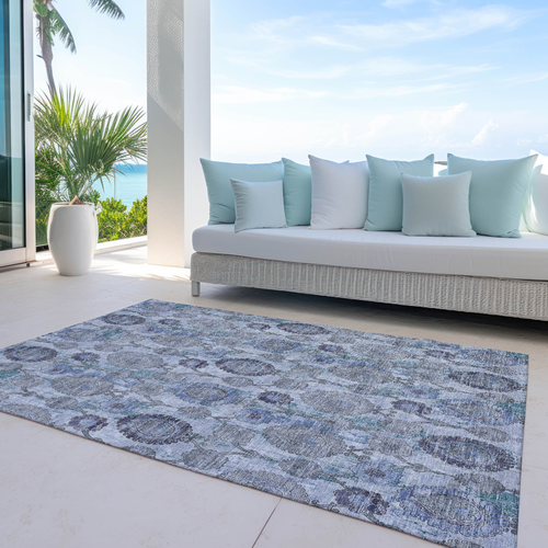 10' X 14' Navy Blue And Sky Blue Damask Washable Indoor Outdoor Area Rug