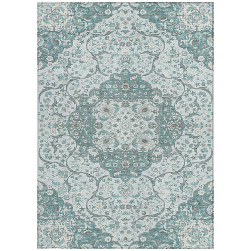 10' X 14' Teal Blue And Ivory Medallion Washable Indoor Outdoor Area Rug