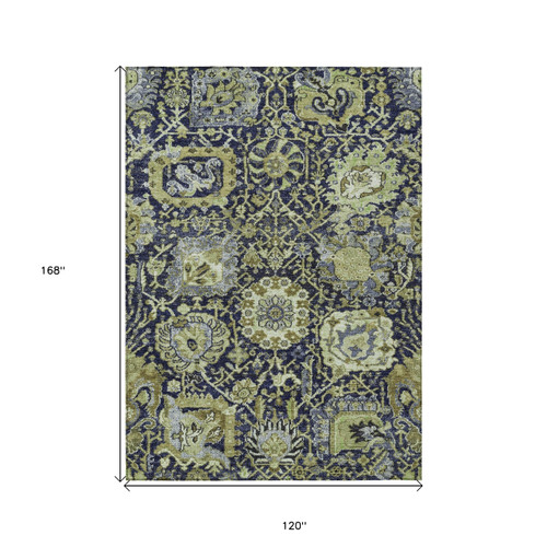 10' X 14' Fern Green And Blue Damask Washable Indoor Outdoor Area Rug