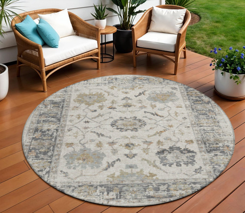 8' Ivory And Gray Round Floral Washable Indoor Outdoor Area Rug - Ivory, Gray