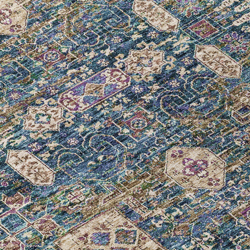 9' X 12' Green Navy Blue And Ivory Oriental Washable Indoor Outdoor Area Rug