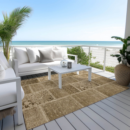 10' X 14' Brown And Beige Patchwork Washable Indoor Outdoor Area Rug