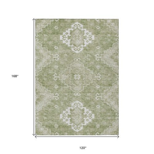 10' X 14' Artichoke Green Beige And Ivory Medallion Washable Indoor Outdoor Area Rug