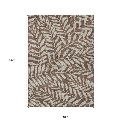 9' X 12' Brown And Beige Floral Washable Indoor Outdoor Area Rug