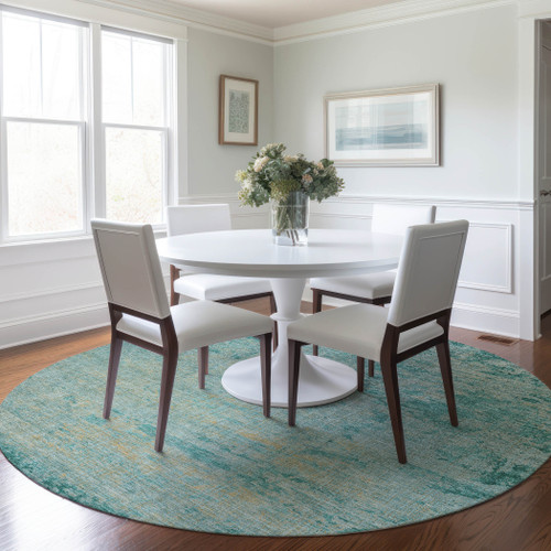 8' Teal Blue And Wheat Round Abstract Washable Indoor Outdoor Area Rug