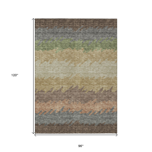 8' X 10' Chocolate Gray And Green Striped Washable Indoor Outdoor Area Rug