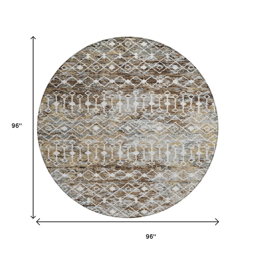 8' Brown And Beige Round Argyle Washable Indoor Outdoor Area Rug