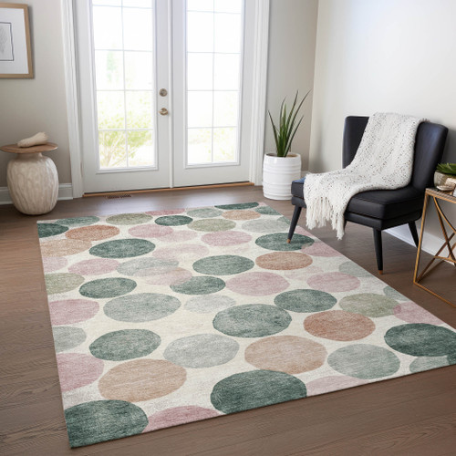 8' X 10' Salmon Green And Peach Geometric Washable Indoor Outdoor Area Rug