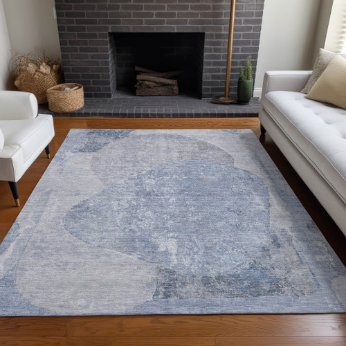 8' X 10' Sky Blue And Denim Blue Abstract Washable Indoor Outdoor Area Rug - Sky Blue, Denim Blue