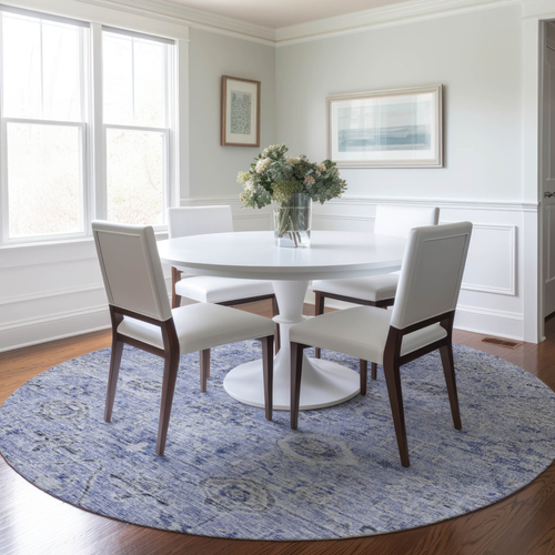 8' Blue And Gray Round Damask Washable Indoor Outdoor Area Rug