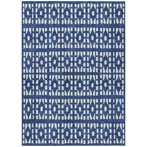 10' X 14' Navy Blue And Ivory Geometric Washable Indoor Outdoor Area Rug
