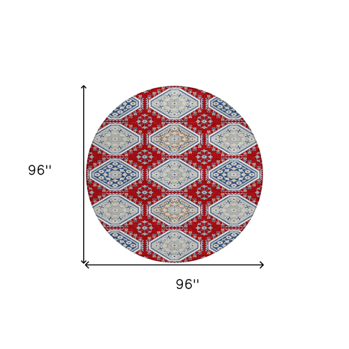 8' Red And Navy Blue Round Floral Washable Indoor Outdoor Area Rug