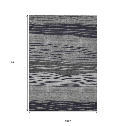9' X 12' Gray Charcoal And Silver Striped Washable Indoor Outdoor Area Rug