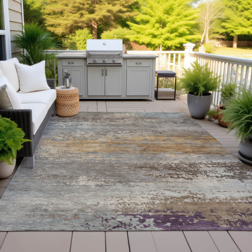 8' X 10' Brown Gray And Purple Abstract Washable Indoor Outdoor Area Rug
