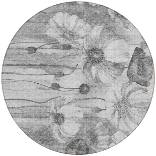8' Gray Charcoal And Silver Round Floral Washable Indoor Outdoor Area Rug