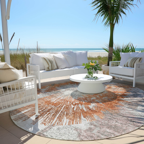 8' Terra Cotta Copper And Taupe Round Abstract Washable Indoor Outdoor Area Rug
