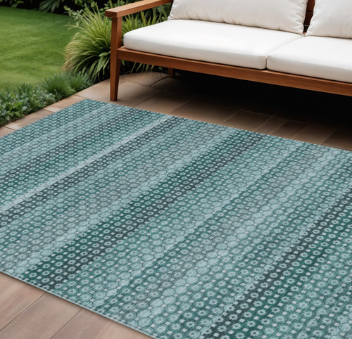 10' X 14' Teal Blue And Aqua Striped Washable Indoor Outdoor Area Rug
