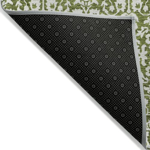 9' X 12' Olive Green And Ivory Damask Washable Indoor Outdoor Area Rug