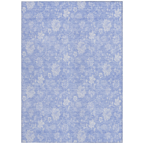 9' X 12' Sky Blue Denim Blue And Ivory Floral Washable Indoor Outdoor Area Rug