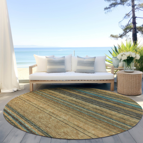 8' Wheat Brown And Teal Blue Round Striped Washable Indoor Outdoor Area Rug