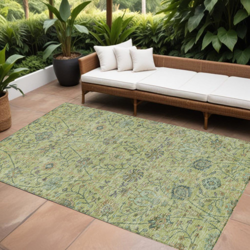 9' X 12' Mint Green Brown And Gray Floral Washable Indoor Outdoor Area Rug