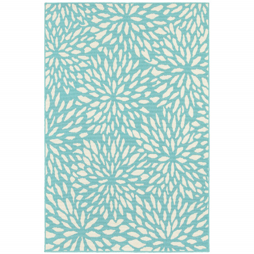 Homeroots Outdoor 9' x 13' Blue Floral Stain Resistant Indoor Outdoor Area Rug