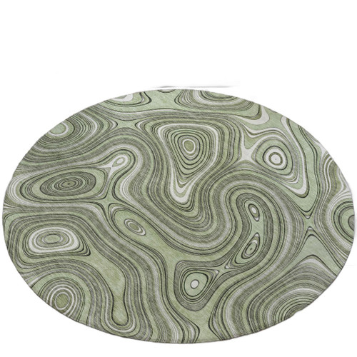 8' Artichoke Green And Ivory Round Geometric Washable Indoor Outdoor Area Rug - Artichoke Green, Ivory