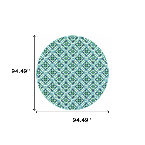 8' X 8' Blue and Green Round Geometric Stain Resistant Indoor Outdoor Area Rug