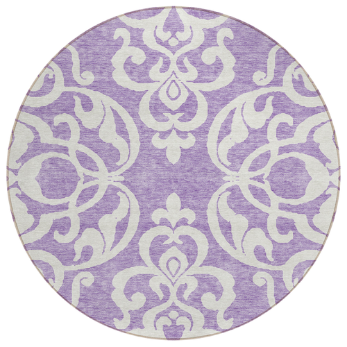 8' Purple And Ivory Round Damask Washable Indoor Outdoor Area Rug