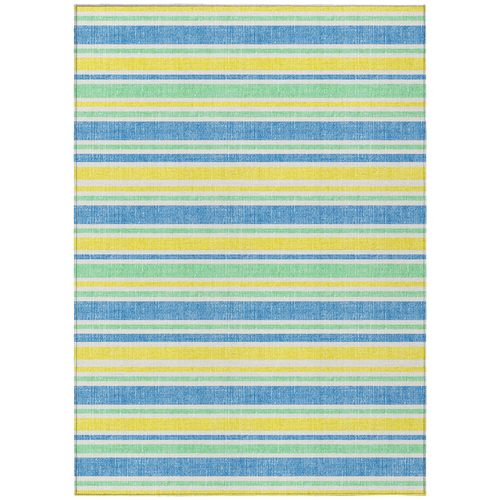 10' X 14' Blue Yellow and Green Striped Washable Non Skid Indoor Outdoor Area Rug