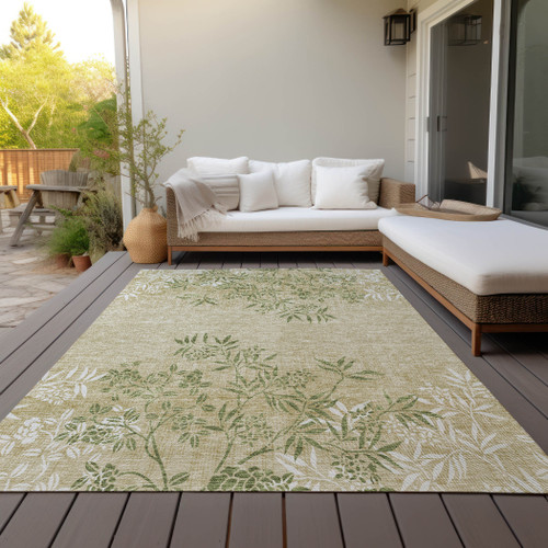 10' X 14' Khaki Ivory And Green Floral Washable Indoor Outdoor Area Rug