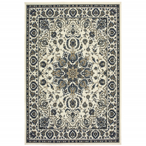 5' X 8' Ivory Oriental Stain Resistant Indoor Outdoor Area Rug