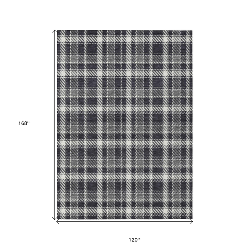 10' X 14' Black Gray and White Plaid Washable Non Skid Indoor Outdoor Area Rug