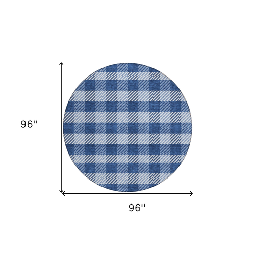 8' Navy Blue And Ivory Round Plaid Washable Indoor Outdoor Area Rug