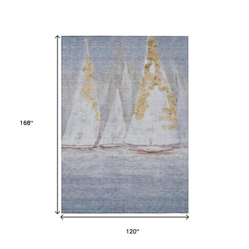 10' X 14' Blue And Gold Nautical Washable Indoor Outdoor Area Rug