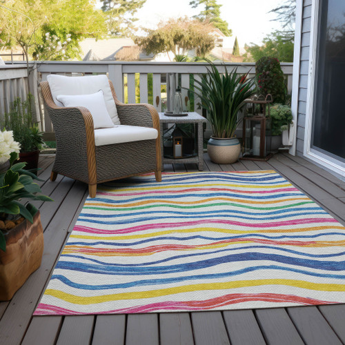 8' X 10' Ivory Blue Pink And Yellow Striped Washable Indoor Outdoor Area Rug