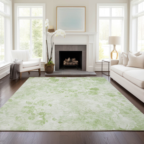 9' X 12' Green And Ivory Floral Washable Indoor Outdoor Area Rug