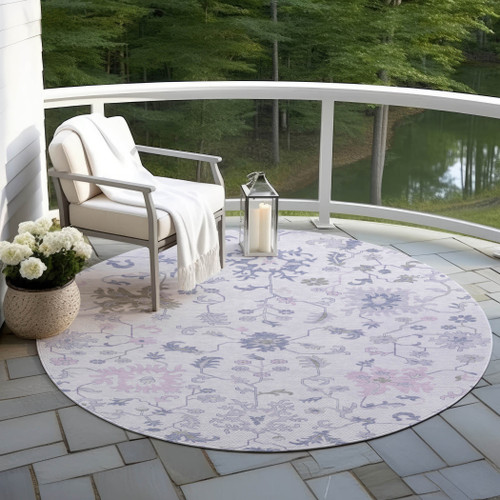 8' Lavender Mauve And Gray Round Floral Washable Indoor Outdoor Area Rug