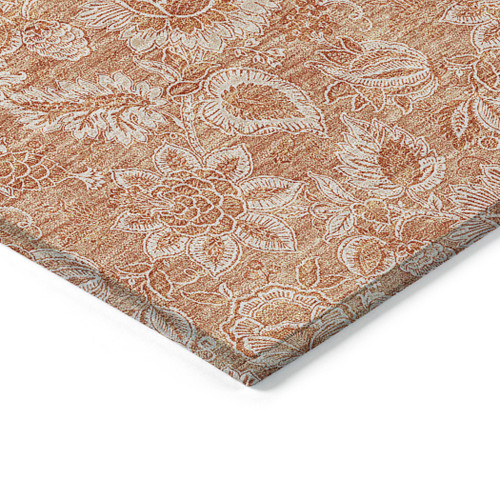 9' X 12' Salmon And Copper Floral Washable Indoor Outdoor Area Rug