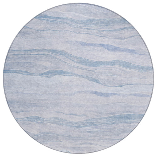 8' Sky Blue Round Striped Washable Indoor Outdoor Area Rug