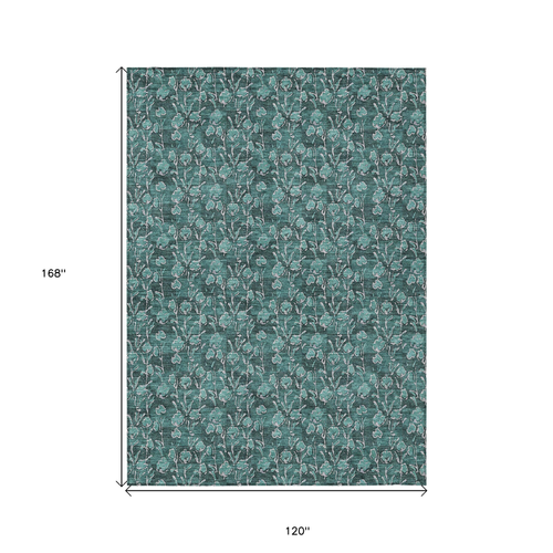 10' X 14' Teal Blue Aqua And Ivory Floral Washable Indoor Outdoor Area Rug