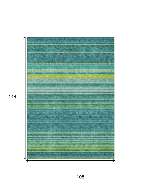 9' X 12' Teal Blue Lime Green And Turquoise Striped Washable Indoor Outdoor Area Rug