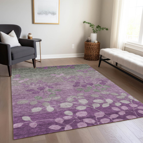 10' X 14' Purple And Gray Floral Washable Indoor Outdoor Area Rug - Purple, Gray