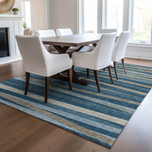 8' X 10' Denim Blue And Gray Striped Washable Indoor Outdoor Area Rug