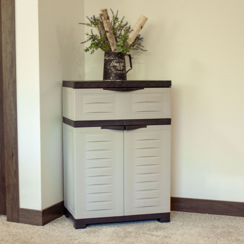 35" Gray Heavy Duty Plastic Two Door One Drawer Utility Cabinet