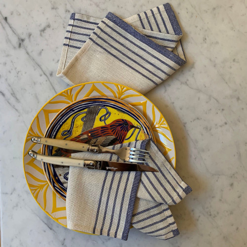 71" x 95" Cream And Blue Striped Cotton Tablecloth And Napkins Set Cotton Blend